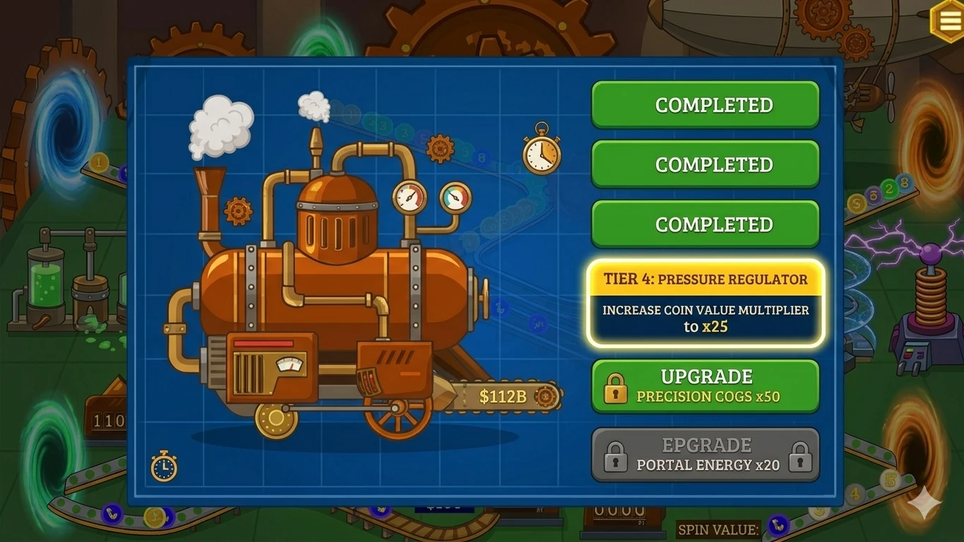 Close-up of the upgrade menu showing a Steam Engine